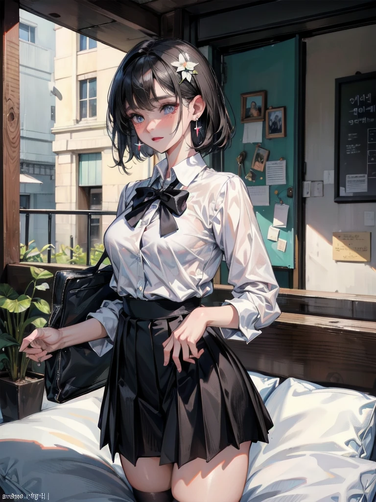 absurdres, RAW photo, extremely delicate and beautiful, masterpiece, Best Quality, ultra high resolution, 32k, hyperrealistic, ultra-detailed, delicate facial features, beautiful detailed woman, tearful mole, earring, medium breasts, full body shot, medium hair, black hair, Korean school_uniform, summer school_uniform shirt,