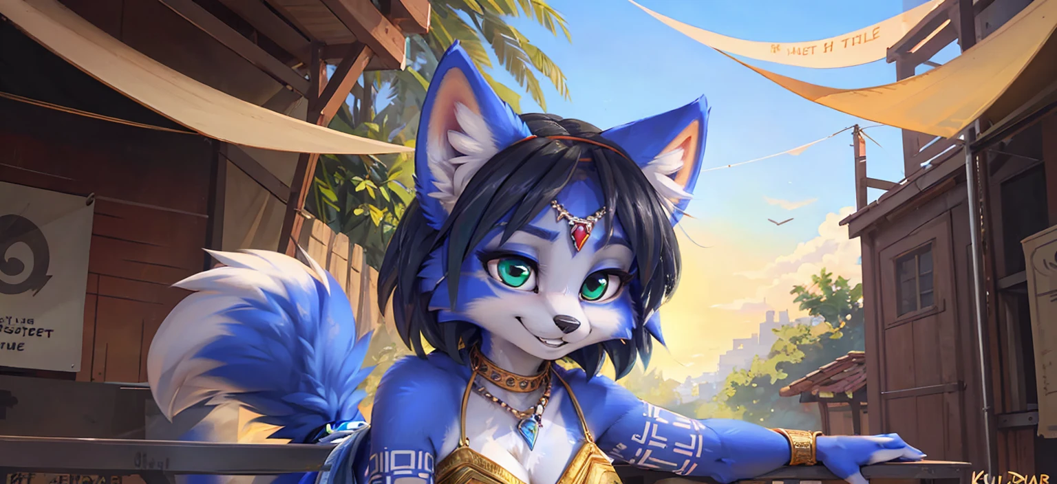 A beautiful and detailed (sweet portrait) wa ((Krystal)), Star Fox Krystal, sslim, lovable, green eyes, medium breasts, (((Long blue hair 1.3))),  ((black hair tips)), Decollete, grin, look up,, anthro, furry, Uploaded E621, detailed fluffy fur, (wa Fluff-Kevlar, Bayard Wu, personalize me, Pino Daeni), detailed face, (fluffy), 1 girl, alone,  Tribal clothing, sweet girl, alone, wears a magician&#39;s robe 
