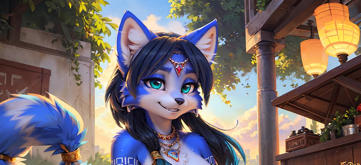 A beautiful and detailed (sweet portrait) wa ((Krystal)), Star Fox Krystal, sslim, lovable, green eyes, medium breasts, (((Long blue hair 1.3))),  ((black hair tips)), Decollete, grin, look up,, anthro, furry, Uploaded E621, detailed fluffy fur, (wa Fluff-Kevlar, Bayard Wu, personalize me, Pino Daeni), detailed face, (fluffy), 1 girl, alone,  Tribal clothing, sweet girl, alone, wears a magician&#39;s robe 
