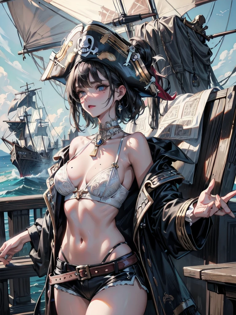 absurdres, RAW photo, extremely delicate and beautiful, masterpiece, Best Quality, ultra high resolution, 32k, hyperrealistic, ultra-detailed, delicate facial features, beautiful detailed woman, tearful mole, earring, medium breasts, full body shot, medium hair, black hair, pirate captain, intricate pirate clothing,