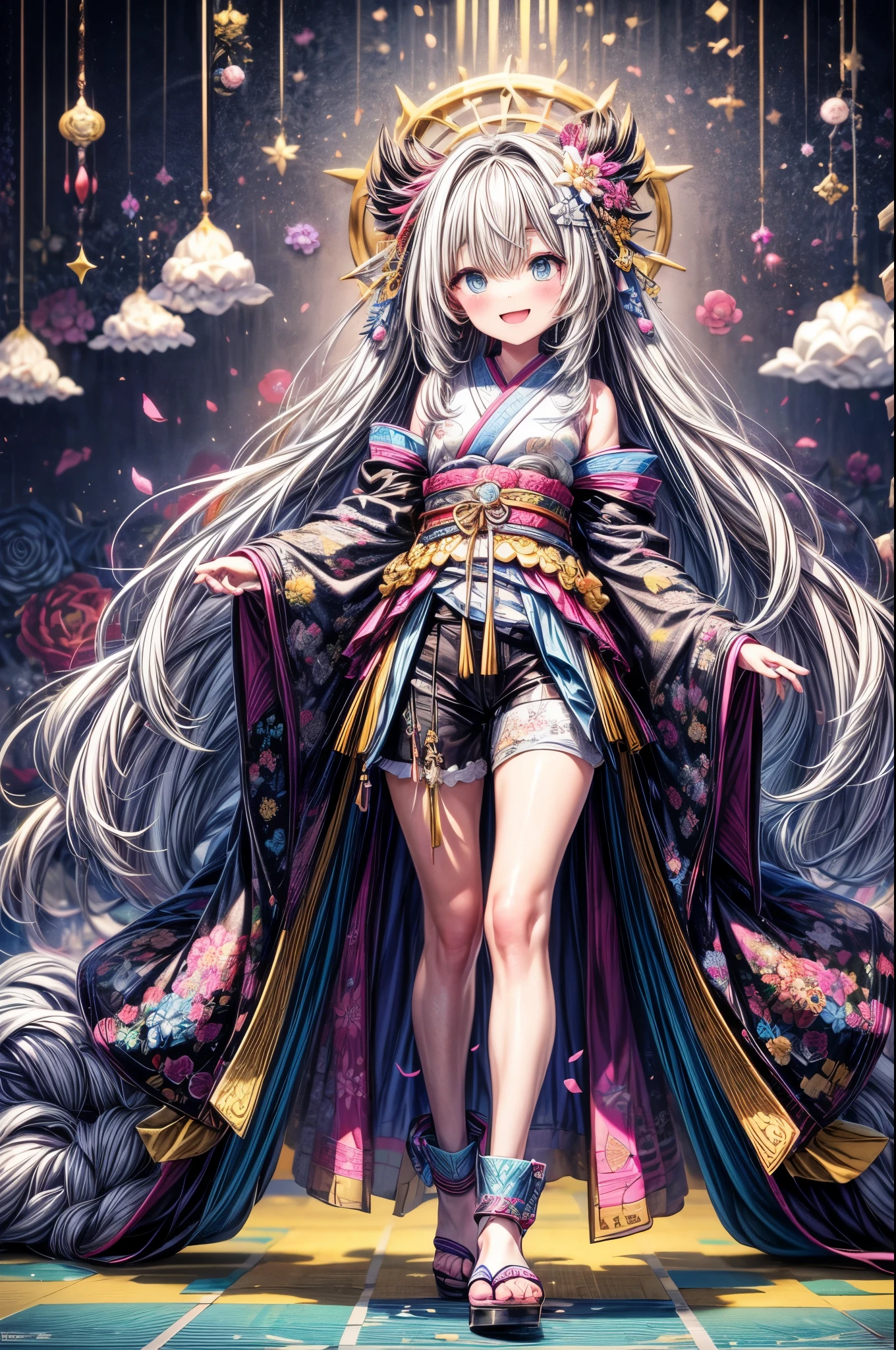 dynamic dancing moves with full of energy and movement, jumping high, full body portrait, happy expression, Japanese festival, with lively action poses, Positive Space, asymmetry, dynamic angle, A detailed illustration of an anime girl with blue eyes wearing a black kimono with Japanese patterns, wearing white cloak white shorts, black tube-top, She has white long hair tied back by a flower hair ornament, with colorful deep blue, black, pink, gold and white colors, surrounded by hexagons with various patterns and textures, Japanese Ancient bridge, happy expression, A black and white checkered pattern background surrounded by hexagons with various patterns in background, floral designs, and geometric shapes, In the background there are some sakura trees., cartoon character design, this is a full body portrait in vibrant colors, colorful illustrations, highly detailed, high resolution, in the style of digital painting, natural lighting,