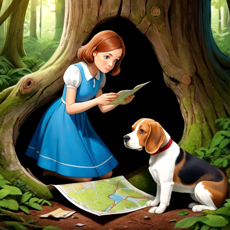 Draw a girl with brown hair and a blue dress, along with a brown and white beagle dog, finding an old map inside a hollow tree in a lush green forest. hd natural colors