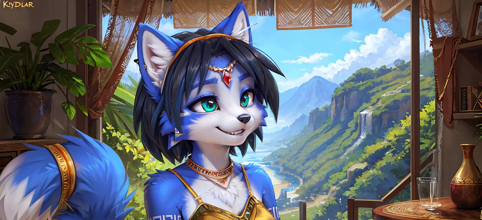 A beautiful and detailed (sweet portrait) wa ((Krystal)), Star Fox Krystal, sslim, lovable, green eyes, medium breasts, (((Long blue hair 1.3))),  ((black hair tips)), Decollete, grin, look up,, anthro, furry, Uploaded E621, detailed fluffy fur, (wa Fluff-Kevlar, Bayard Wu, personalize me, Pino Daeni), detailed face, (fluffy), 1 girl, alone,  Tribal clothing, sweet girl, alone, wears a magician&#39;s robe 
