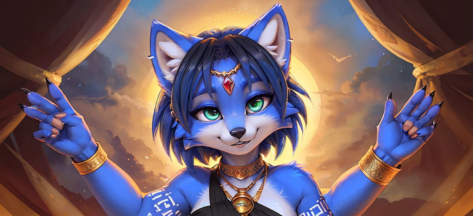 A beautiful and detailed (sweet portrait) wa ((Krystal)), Star Fox Krystal, sslim, lovable, green eyes, medium breasts, (((Long blue hair 1.3))),  ((black hair tips)), Decollete, grin, look up,, anthro, furry, Uploaded E621, detailed fluffy fur, (wa Fluff-Kevlar, Bayard Wu, personalize me, Pino Daeni), detailed face, (fluffy), 1 girl, alone,  Tribal clothing, sweet girl, alone, wears a magician&#39;s robe 
