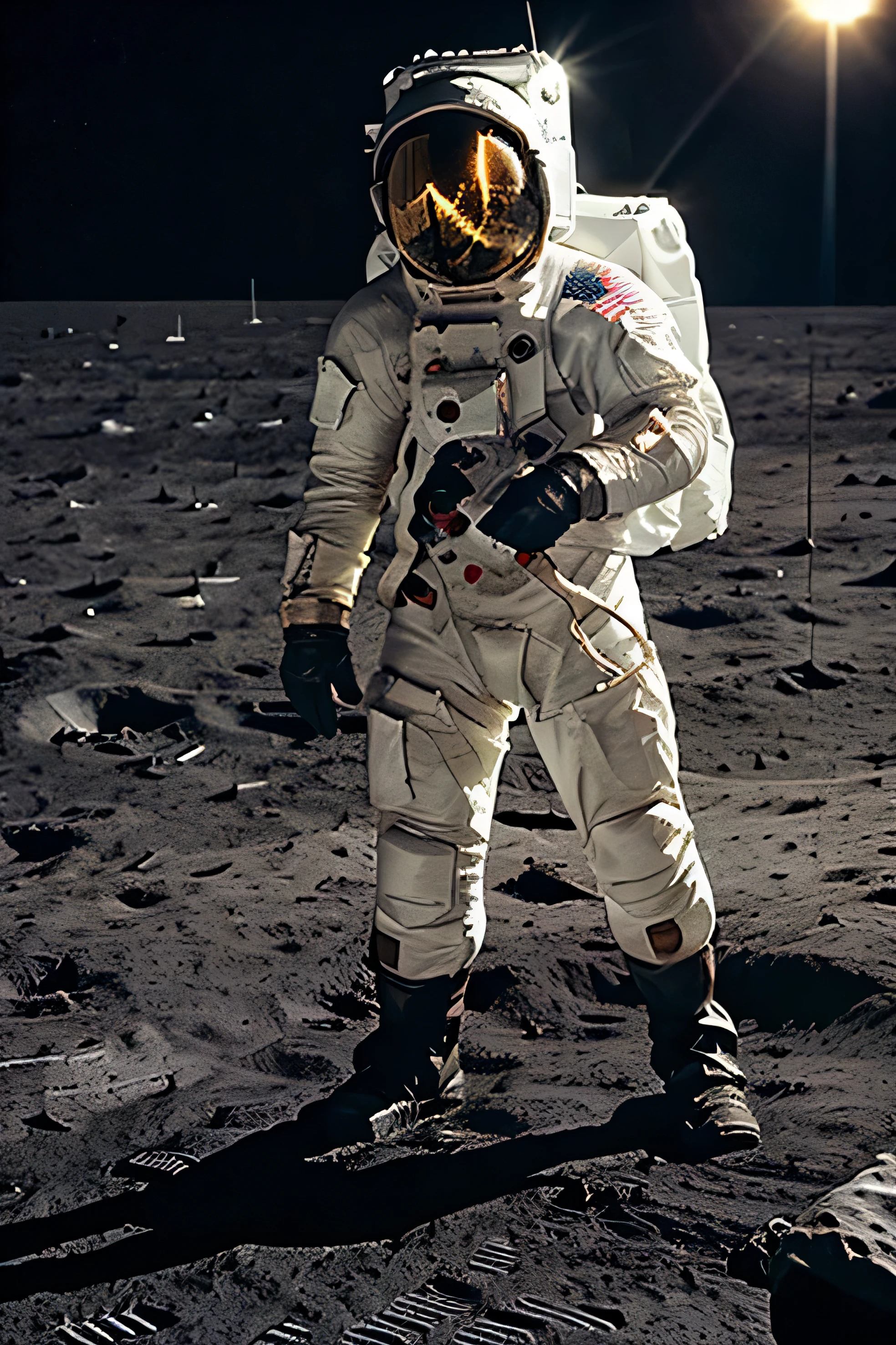 A man stands on the moon and looks at the earth