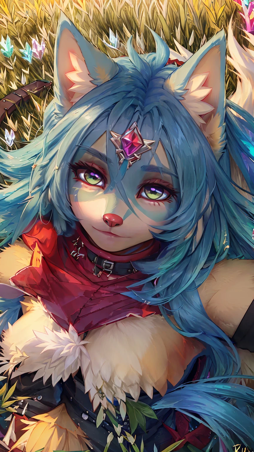 A beautiful and detailed (sweet portrait) wa ((Crystal)), Star Fox Crystal, sslim, lovable, green eyes, medium breasts, (((Long blue hair 1.3))), Decollete, anthro, furry, Uploaded E621, detailed fluffy fur, (wa Fluff-Kevlar, Bayard Wu, personalize me, Pino Daeni), detailed face, (fluffy), 1 girl, alone, sweet girl, ((lies on a meadow:1.3)), looks at the viewer, Viewer is above the, ihr ganzer Körper ist wa Kopf bis Fuß sichtbar, Tribal clothing 
