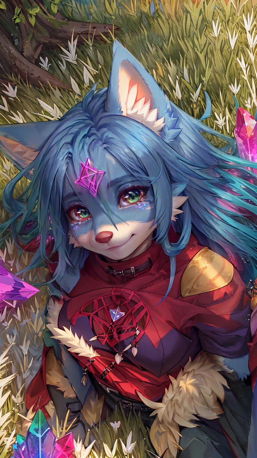 A beautiful and detailed (sweet portrait) wa ((Crystal)), Star Fox Crystal, sslim, lovable, green eyes, medium breasts, (((Long blue hair 1.3))), Decollete, anthro, furry, Uploaded E621, detailed fluffy fur, (wa Fluff-Kevlar, Bayard Wu, personalize me, Pino Daeni), detailed face, (fluffy), 1 girl, alone, sweet girl, ((lies on a meadow:1.3)), looks at the viewer, Viewer is above the, ihr ganzer Körper ist wa Kopf bis Fuß sichtbar, Tribal clothing 
