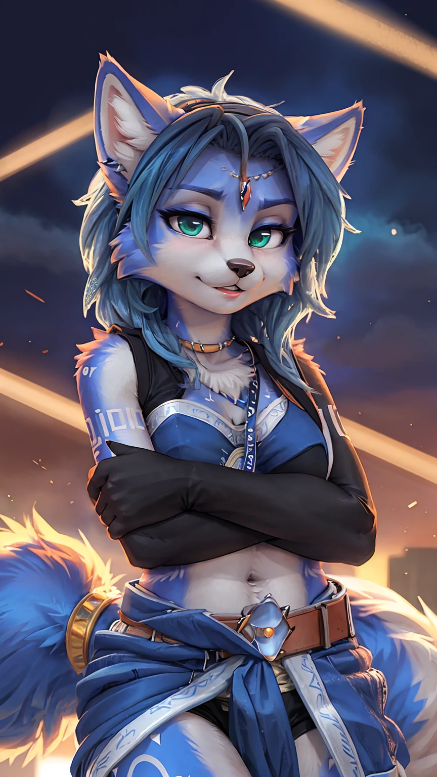 A beautiful and detailed (sweet portrait) wa ((Krystal)), Star Fox Krystal, sslim, lovable, green eyes, medium breasts, (((Long blue hair 1.3))), Decollete, anthro, furry, Uploaded E621, detailed fluffy fur, (wa Fluff-Kevlar, Bayard Wu, personalize me, Pino Daeni), detailed face, (fluffy), 1 girl, alone, sweet girl, 
