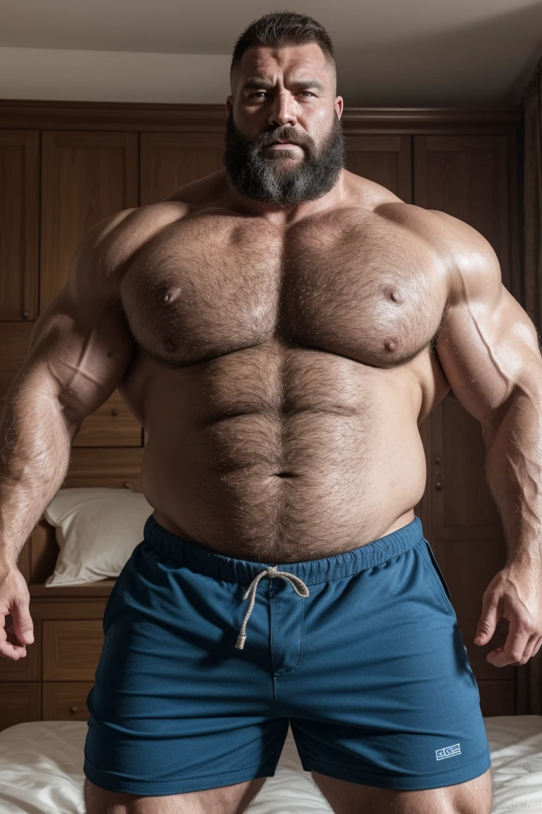 8KUHD Very HIGH RESOLUTION HDR Very Extremely Realistic Very Detailed High Quality 8K HDR Very Realistic photograph featuring a 46 year old daddy rugged bodybuilder muscle bears man, 8K very realistic detailed hairy, 8K very realistic beared big daddy muscle bear,  and 8K very realistic detailed rugged burly man in shorts. 8K Very Realistic legs, 8K very realistic hair, 8K very realistic beards, 8K very realistic thick chubby fat neck, 8Kvery realistic neck lines, 8K very realistic detailed neck, 8K very realistic belly, 8K very realistic burly , 8K very realistic detailed hairy burly strong  and arms, 8K very realistic detailed hairy burly strong  and arms, 8K very realistic pecs, 8K very realistic burly muscle bear body, 8K very realistic , 8K very realistic burly muscle bear body, 8K very realistic face, 8K very realistic detailed face, 8K very realistic eyes, 8K very realistic detailed eyes, 8K very realistic pupils, 8K very realistic detailed pupils, 8K very realistic head, 8K very realistic waist, 8K very realistic facial features, 8K very realistic burly arms, 8K very realistic elbows, 8K very realistic hands, 8K very realistic pecs, 8K very realistic belly, 8K very realistic human man body, 8K very realistic bellybutton, 8K very realistic wrists, 8K very realistic fingers, 8K very realistic fingernails, 8K very realistic shoulders, 8K very realistic mouth, 8K very realistic lips, 8K very realistic mens clothing, 8K very realistic detailed mens clothing. 8K HDR Very Realistic Hairy Bearded Burly Muscle bear Photoshoot, 8K A very realistic burly muscle bear man in a bedroom,  8K HDR Very Realistic Intricately Detailed, 8K HDR very realistic detailed bedroom surroundings, 8K HDR very realistic surroundings lighting, No Deformities, captured with a 85mm lens, 8K HDR Very Ultra Realistic and 8K HDR Very Realistic Photograph, 8K HDR Clear HDR Quality full with very realistic real details 