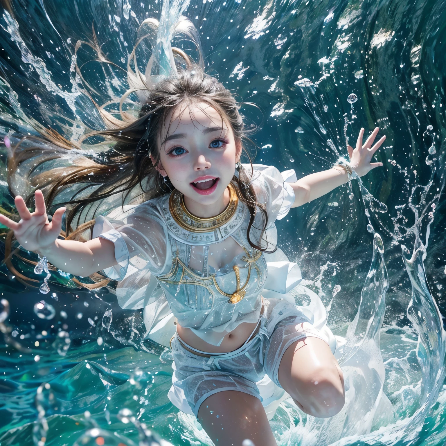 (8K TopQuality masterpiece: 1.2)(Realistic ProfessionalPhoto:1.37), VolumetricLighting. Tiny Girls, girl jumping into the water、Falling、splash water、shout、Luminous water surface、White and Bright colors, back lighting, Radiant PearlSkin, sparkling highlights, Detailed KAWAII face with cute lips, long eyelashes, Delicate clothes, Detailed open crotch