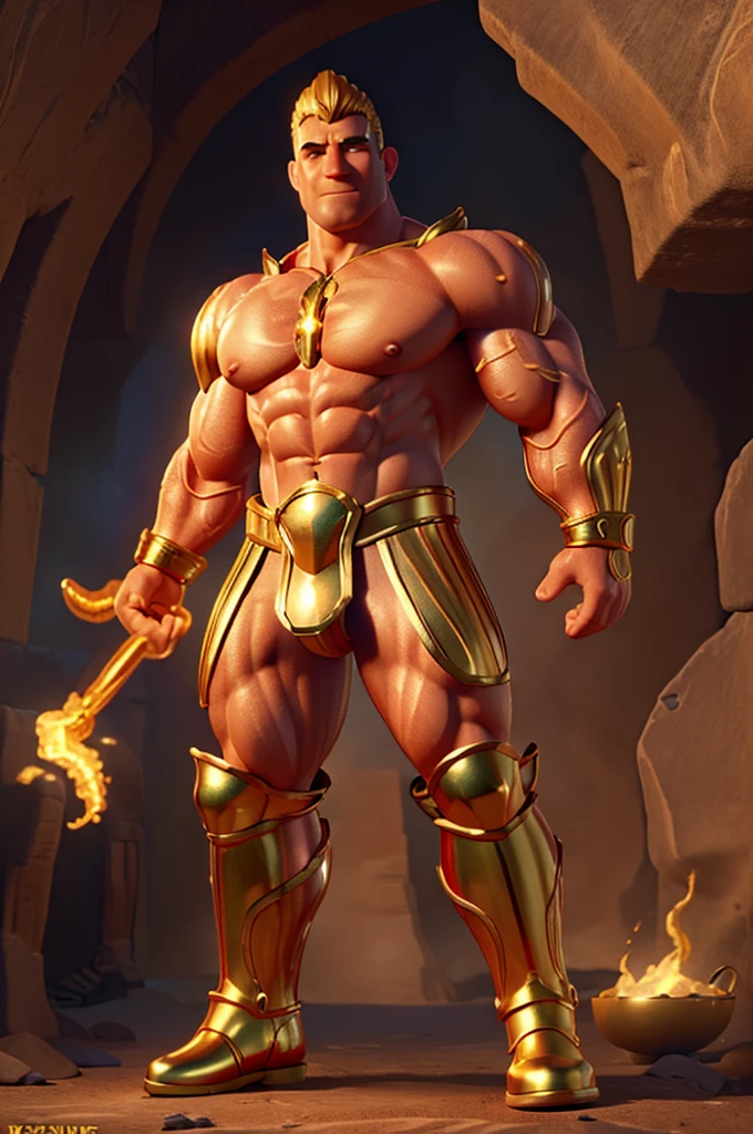 a giant muscular magic genie, extreme detailed pecs, massive biceps, golden armor, gold boots, floating in the air, intricate detailed design, glowing magic energy, volumetric lighting, cinematic composition, dramatic lighting, hyperrealistic, 8k, high quality, photorealistic