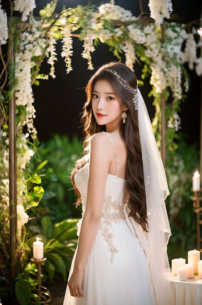Generate an image of an extraordinarily beautiful 20-year-old Asian woman standing alone, whose beauty rivals that of a goddess of the fire element. She has large brown eyes, dark brown hair, glowing skin, and a captivating appearance. She is wearing a stunning white wedding dress that accentuates her elegance. The woman stands charmingly alone, her beauty appearing as if blessed by nature, in a very romantic and lovely aisle adorned with flowers and soft lighting, exuding a magical and serene atmosphere.