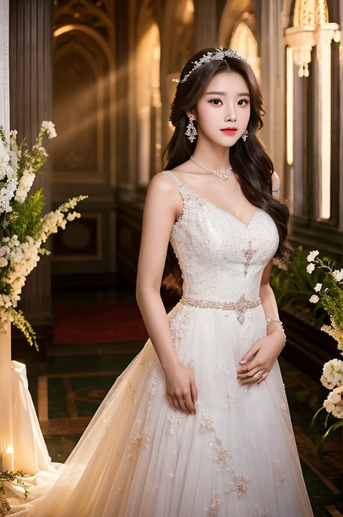 Generate an image of an extraordinarily beautiful 20-year-old Asian woman standing alone, whose beauty rivals that of a goddess of the fire element. She has large brown eyes, dark brown hair, glowing skin, and a captivating appearance. She is wearing a stunning white wedding dress that accentuates her elegance. The woman stands charmingly alone, her beauty appearing as if blessed by nature, in a very romantic and lovely aisle adorned with flowers and soft lighting, exuding a magical and serene atmosphere.