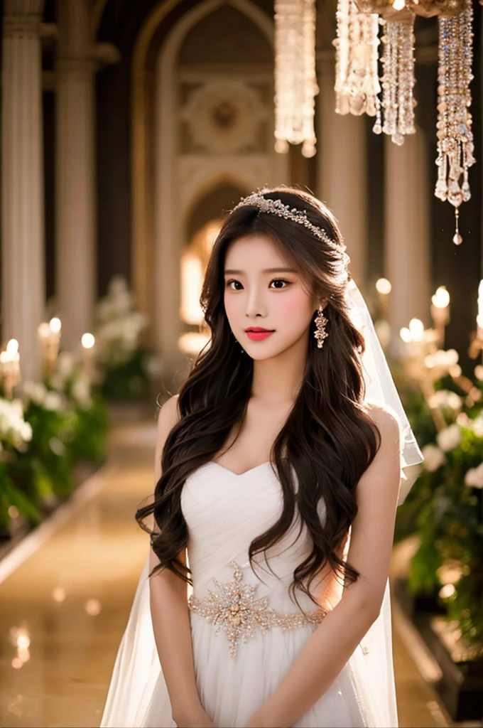 Generate an image of an extraordinarily beautiful 20-year-old Asian woman standing alone, whose beauty rivals that of a goddess of the fire element. She has large brown eyes, dark brown hair, glowing skin, and a captivating appearance. She is wearing a stunning white wedding dress that accentuates her elegance. The woman stands charmingly alone, her beauty appearing as if blessed by nature, in a very romantic and lovely aisle adorned with flowers and soft lighting, exuding a magical and serene atmosphere.