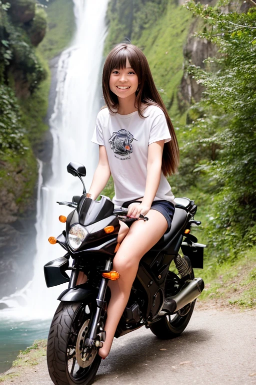 a cartoon girl with long anime hair is sitting on a motorcycle near a waterfall and is drawn well, One girl, Ground vehicles, car, alone, motorcycle, Shorts, Long Hair, View your viewers, Brown Hair, teeth, blue eyes, smile, short Shorts, Bare shoulders, No sleeve, No sleeve shirt, Thighs, black shirt, shirt, Bare arms, Mouth closed, blush, bangs
