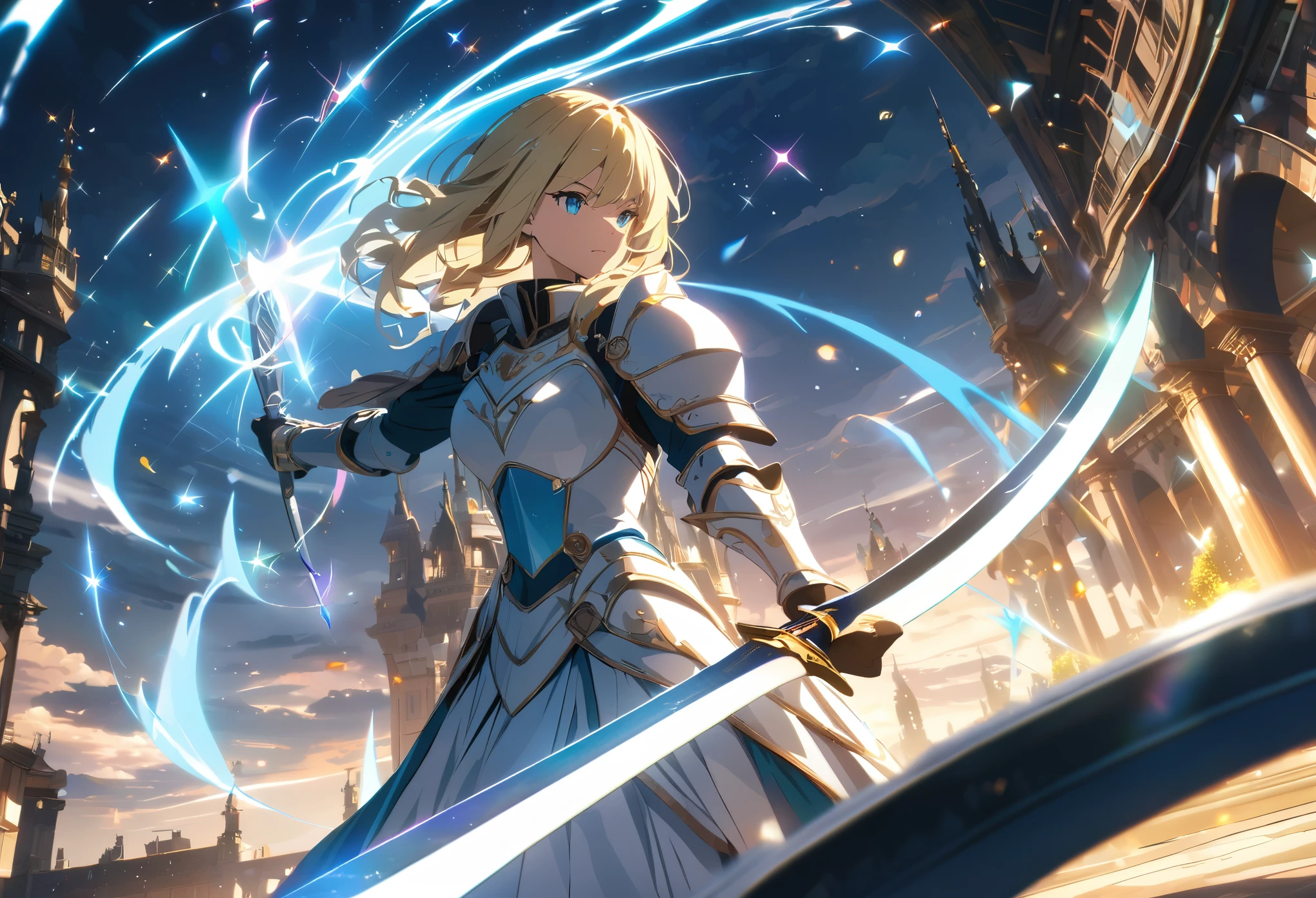 ((anime style, ray tracing, sparkle, best quality, UHD, highres, high quality, super detail, masterpiece, high details)),posters、artwork、female knight、White armor with blue lines、((blondes))、Aquamarine Eyes、Swing the one-handed sword in your right hand back、Deathblow、Charge one-handed sword、A pale blue aura surrounds the body.,((Magical effect))