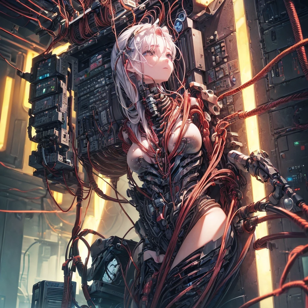 (((masterpiece))), ((best quality)), ((ultra-detailed)), (CG illustration), (an extremely devious and beautiful)), (cute desktop face), cinematic light, ((1 mechanical girl)), single, full, (machine-made joints). : 1.4), ((mechanical limb)), (blood vessel attached to tube), ((mechanical spine attached to back)), ((mechanical cervical vertebrae attached to neck), ((war machine)), expressionless, (wires and cables attached to head and body: 1.5), (character focus), science fiction