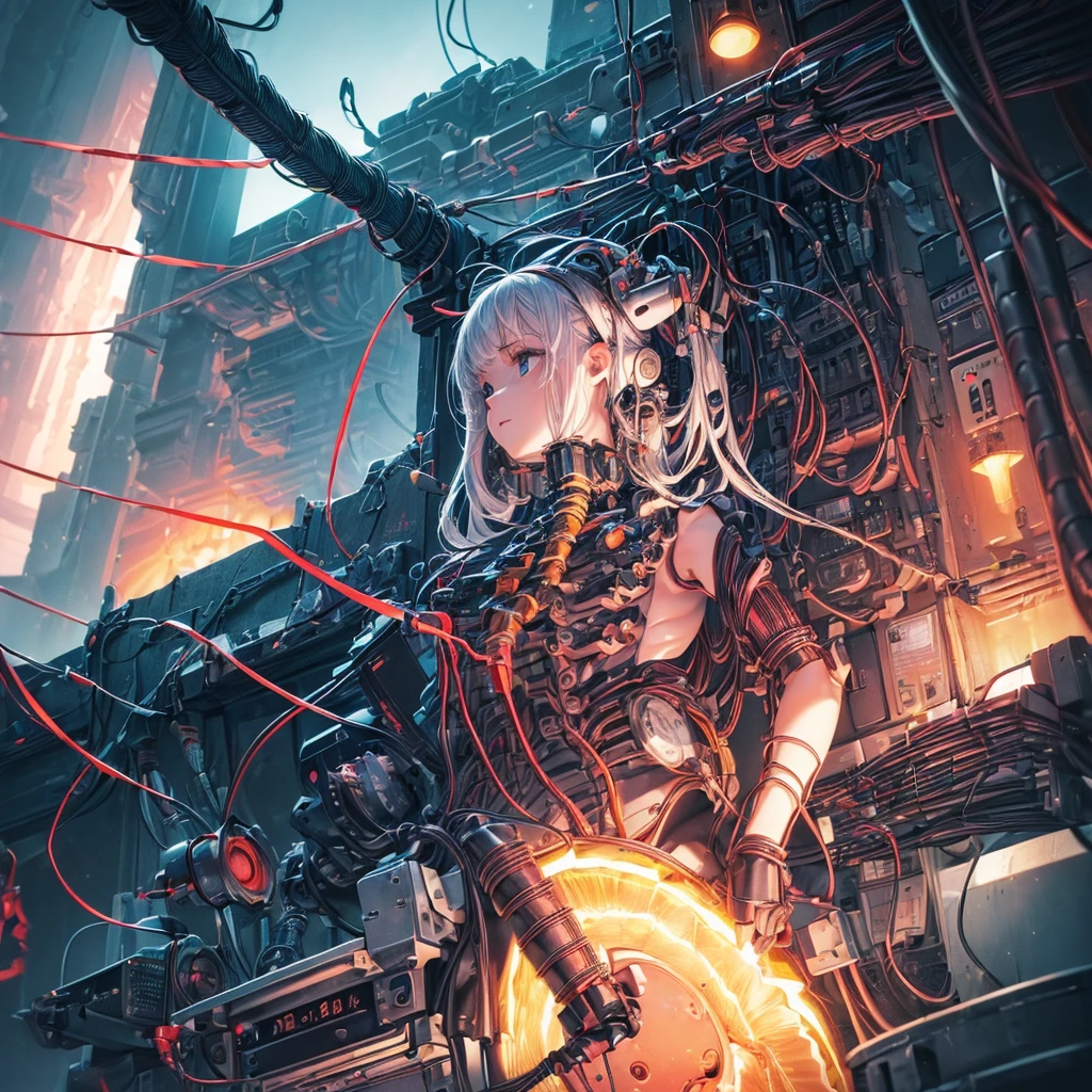(((masterpiece))), ((best quality)), ((ultra-detailed)), (CG illustration), (an extremely devious and beautiful)), (cute desktop face), cinematic light, ((1 mechanical girl)), single, full, (machine-made joints). : 1.4), ((mechanical limb)), (blood vessel attached to tube), ((mechanical spine attached to back)), ((mechanical cervical vertebrae attached to neck), ((war machine)), expressionless, (wires and cables attached to head and body: 1.5), (character focus), science fiction