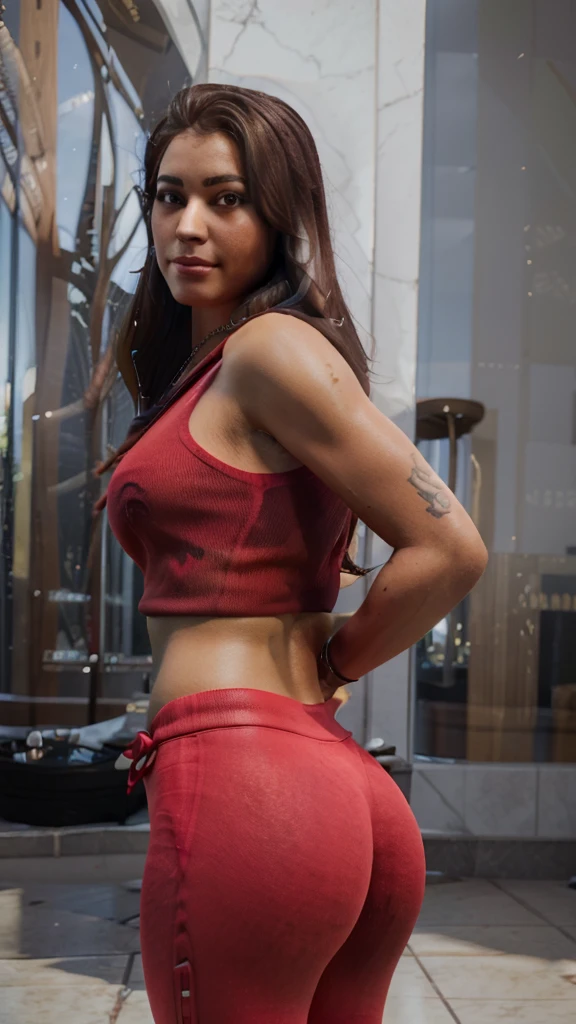 Ruby , (fortnite),1girl, solo, long hair, looking at viewer, smile, breasts, city background, butt, bare shoulders, tight shirt, closed mouth, portrait, red sweatshirt, skin tight pants, red sports pants, seductive, realistic, best quality, masterpiece, ultra detail, ultra high res, extreme detail, 8k, uhd