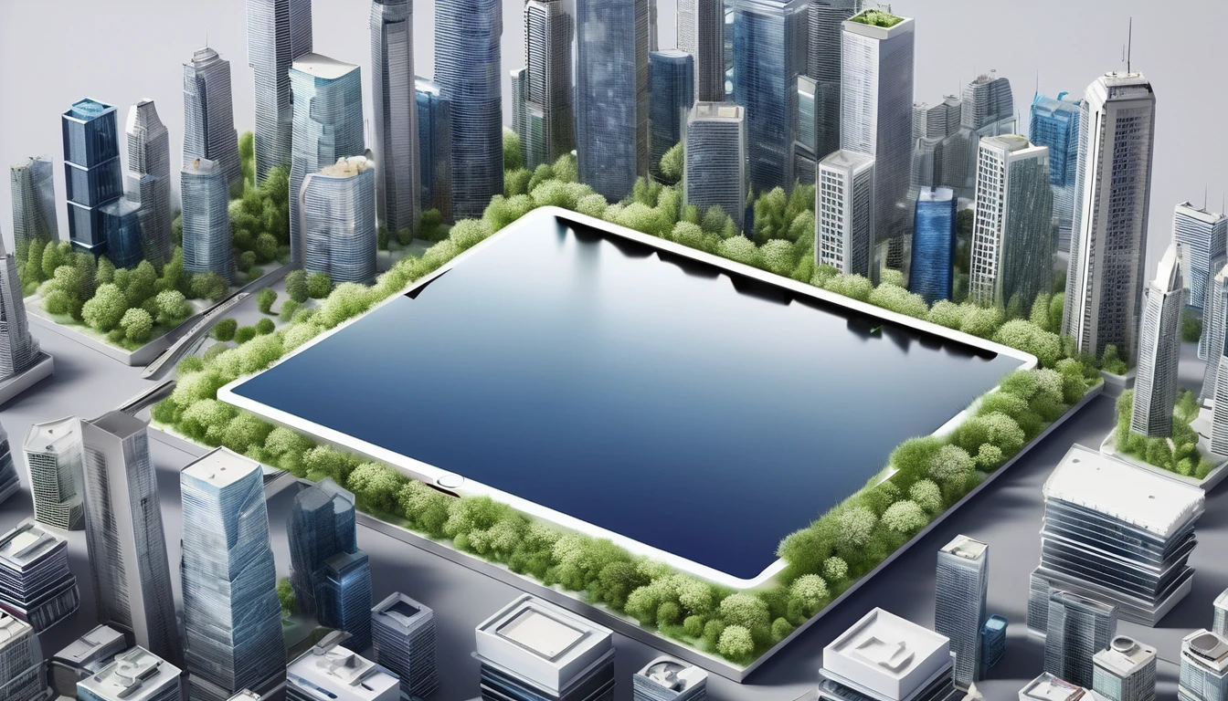 An iPad lying flat，Above is a city complex，3D，Authentic photo texture，Simple background，Ultra HD，Hyperrealism，