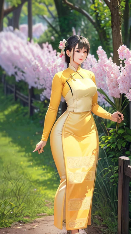 Yellow dress The beauty of the back of a young Burmese woman who is gazing at the natural scenery.  Intricate detail crystal clear reflective silk dress 3D HD HD