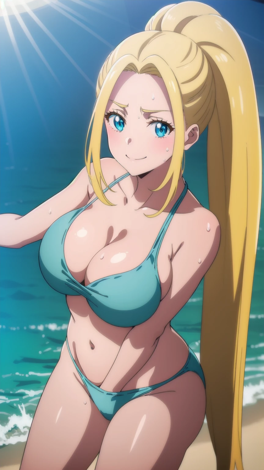 beatrixamerhauser, beatrix amerhauser, long hair, blue eyes, blonde hair, ponytail,looking at the viewer, Smile,blue theme, blue background, cloudy sky, sunlight, sweat, orgasmic, bikini swimsuit, large breasts, cleavage, belly button exposed, collarbone, thighs, sea and beach,