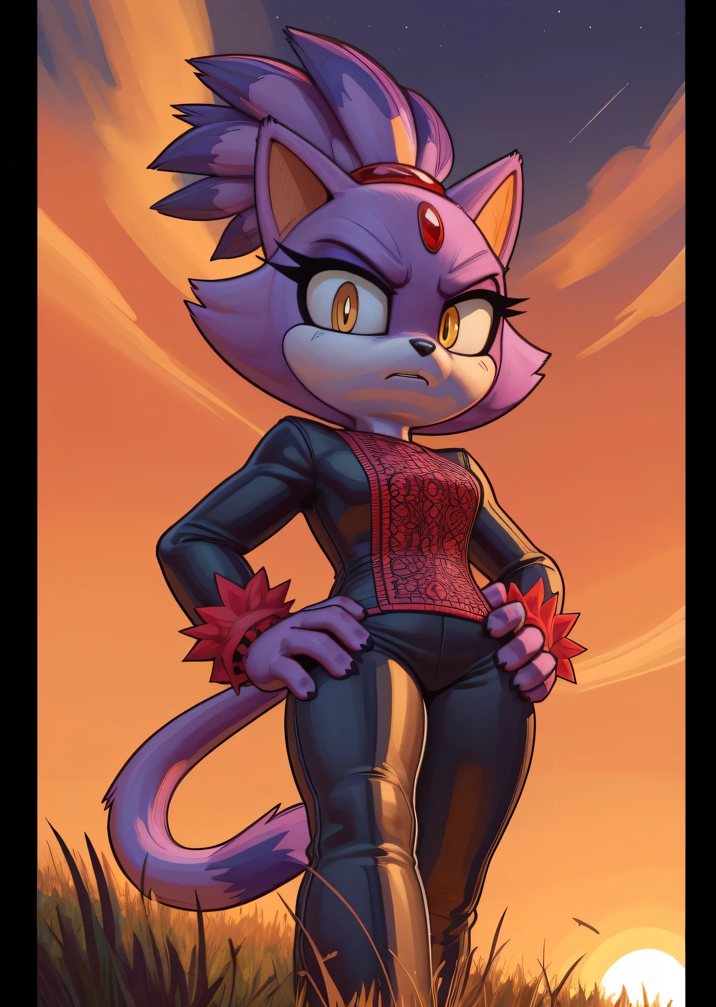 [Blaze the cat], [Uploaded to e621.net; (Pixelsketcher), (wamudraws)], ((masterpiece)), ((HD)), ((High res)), ((solo portrait)), ((front view)), ((lower-angle view)), ((low angle view)), ((feet visible)), ((detailed fur)), ((detailed shading)), ((cel shading)), ((beautiful render art)), ((intricate details)), {anthro, purple fur, black nose, cat ears, (cute yellow eyes), (red gem on forehead), long tail, (tied-up hair), (curvy hips), (beautiful legs), (angry), (intimidating expression)}, {tight pants}, {(standing), (hand on hip), (glaring at viewer)}, [background; (woods), (spruce trees), (grass plains), (street lights), (sunrise), (sun rays), (starry sky), (ambient lighting)]
