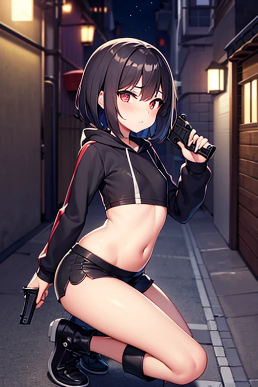 masterpiece, extra limbs,(1little girl),10years old,(black shaggy cut), slant eyes, blank navy eyes, (flat chest small nipples small areolas),pale white skin athlete skinny body,sullen,on one knee,((clothed killer,black hooded sweatshirt,hot pants,black boots)),(have a gun),((alley,night:1.8)),full body