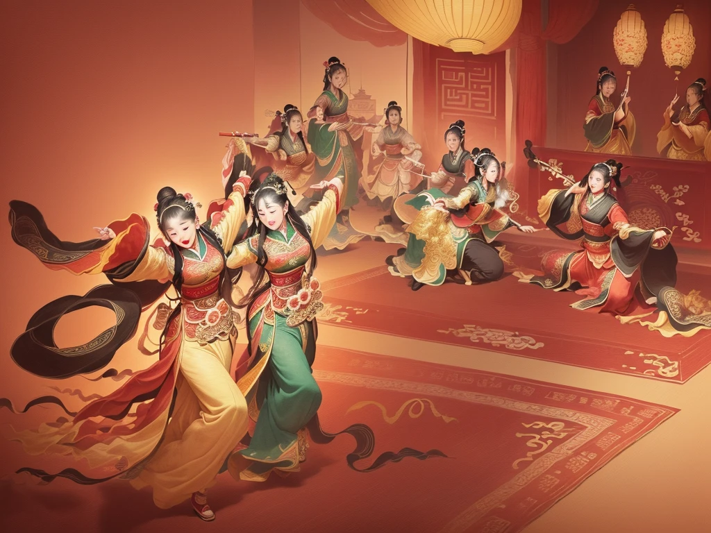 Illustration of a group of women in traditional costumes dancing, Ancient Chinese Art Style, Song, Inspired by Ji Yunfei, Tang Dynasty, Wearing ancient Chinese clothes, Chinese Beauty, Emperor Xuande, Museum ink painting, Chinese Mythology, Nguyen Chia and Arthur Rackham, Chinese writing brush pen illustration, by Guan Daosheng, Confucius and Trial by Jury