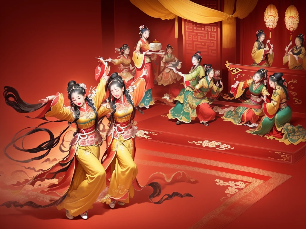 Illustration of a group of women in traditional costumes dancing, Ancient Chinese Art Style, Song, Inspired by Ji Yunfei, Tang Dynasty, Wearing ancient Chinese clothes, Chinese Beauty, Emperor Xuande, Museum ink painting, Chinese Mythology, Nguyen Chia and Arthur Rackham, Chinese writing brush pen illustration, by Guan Daosheng, Confucius and Trial by Jury
