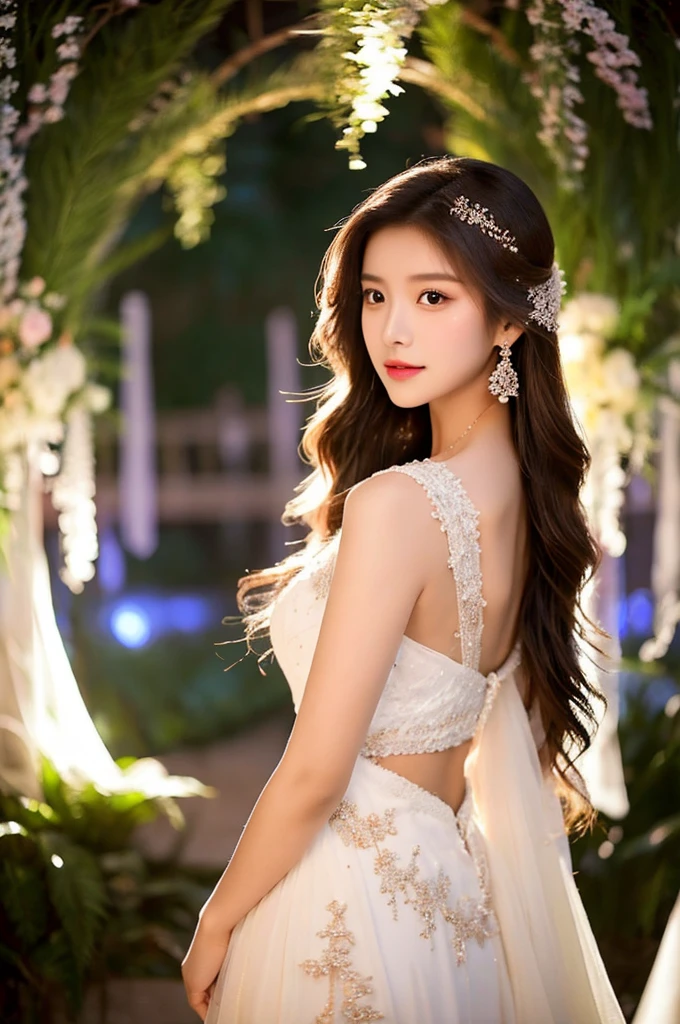 Generate an image of an extraordinarily beautiful 20-year-old Asian woman standing alone, whose beauty rivals that of a goddess of the fire element. She has large brown eyes, dark brown hair, glowing skin, and a captivating appearance. She is wearing a stunning white wedding dress that accentuates her elegance. The woman stands charmingly alone, her beauty appearing as if blessed by nature, in a very romantic and lovely aisle adorned with flowers and soft lighting, exuding a magical and serene atmosphere.
