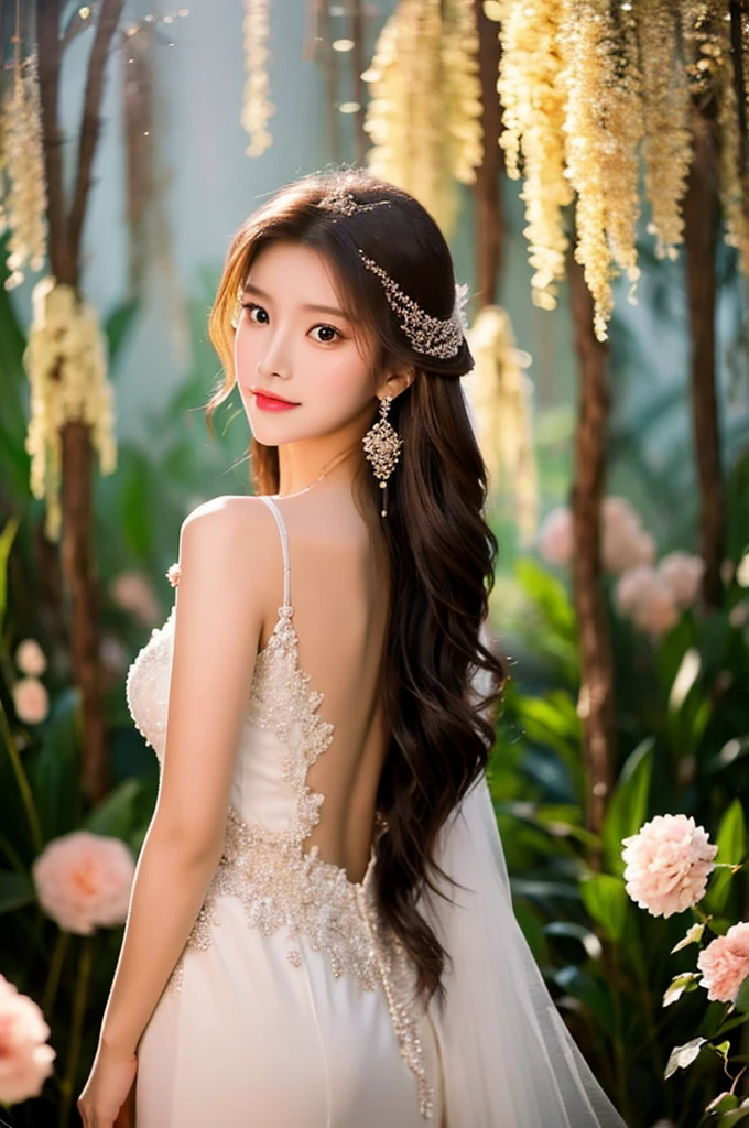 Generate an image of an extraordinarily beautiful 20-year-old Asian woman standing alone, whose beauty rivals that of a goddess of the fire element. She has large brown eyes, dark brown hair, glowing skin, and a captivating appearance. She is wearing a stunning white wedding dress that accentuates her elegance. The woman stands charmingly alone, her beauty appearing as if blessed by nature, in a very romantic and lovely aisle adorned with flowers and soft lighting, exuding a magical and serene atmosphere.