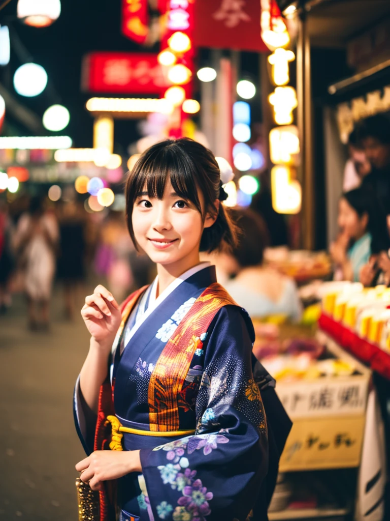 Image quality:best quality
Camera Focus: blur background
light:Side light
composition:Rule of ThirdsPeople:20 years old woman,Japanese,actress
pose: walking background: stall、festival、night
hairdo: Short Bob、With bangs
Dress:Kimono Expression: happy