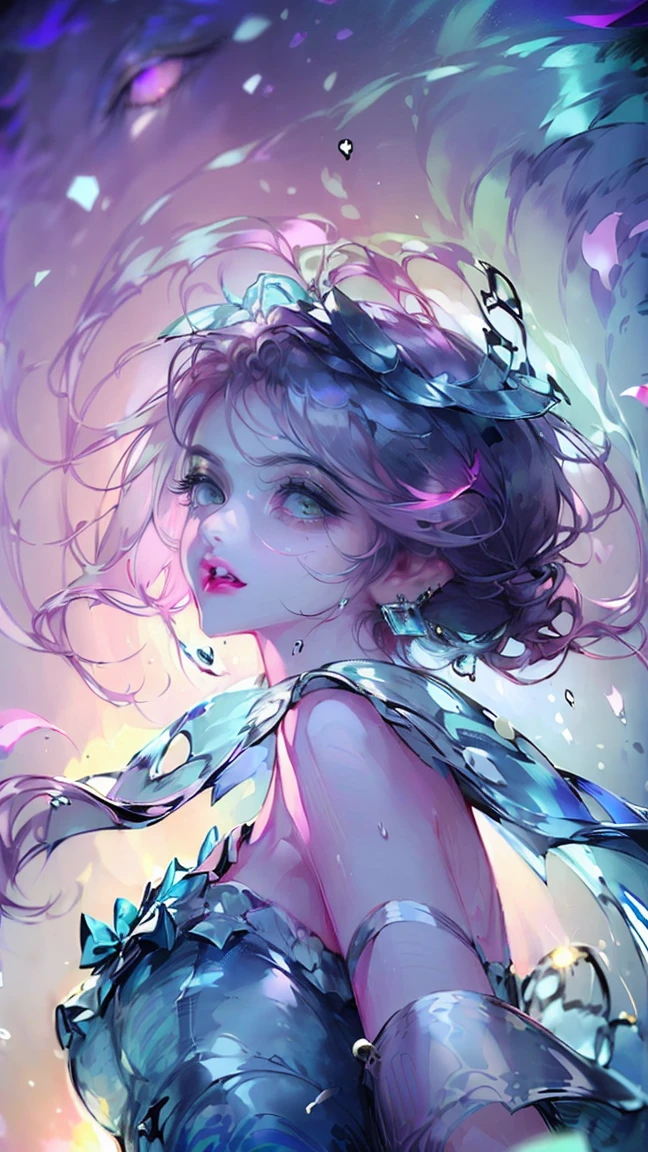 Human, ca. 20 yrs, (1 female), (light pink hair:1.0, fluffy hair;1.0, long hair:1.0, half up:1. 5 ), (image of Pisces, sea, water surface), (light blue and light purple eyes:1.0, (( gradient eyes:1.5)), round eyes, droopy eyes, droopy eyebrows), (light blue Lolita dress:1.5drapes and ruffles with water surface pattern:1.0, silver and jeweled ornaments and accessories:1.5), nautical cross-strap pinwheels), smiling