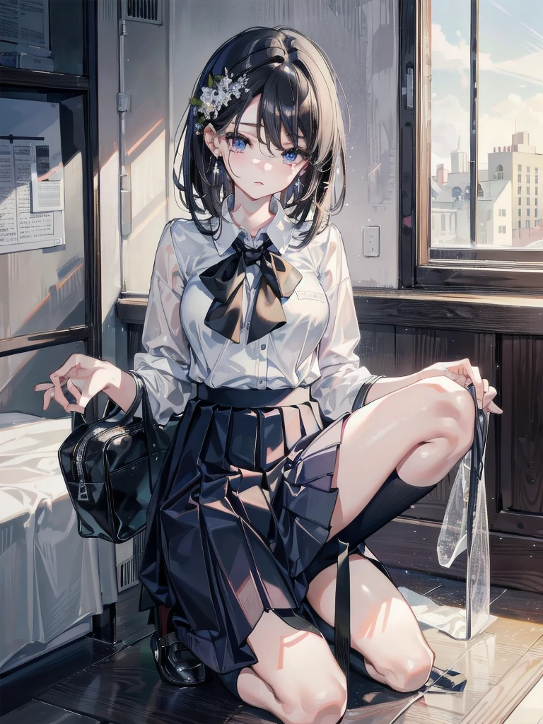 absurdres, RAW photo, extremely delicate and beautiful, masterpiece, Best Quality, ultra high resolution, 32k, hyperrealistic, ultra-detailed, delicate facial features, beautiful detailed woman, tearful mole, earring, medium breasts, full body shot, medium hair, black hair, Korean school_uniform, summer school_uniform shirt,