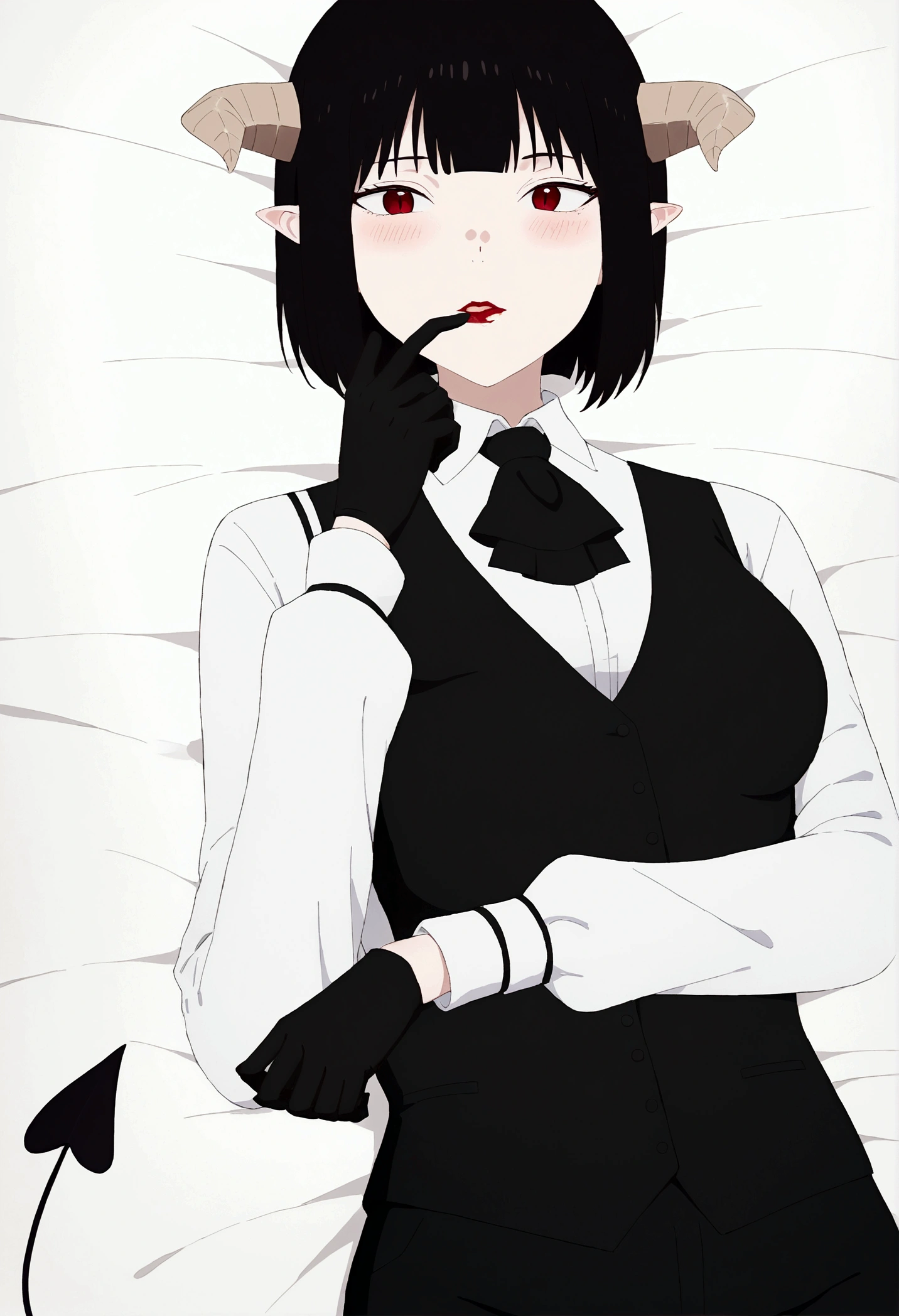 work of art, best qualityer, high resolution, 1girl horns short hair demon tail, white shirt black ascot black gloves black pants black vest lying on your back, sheet, ,blushed,face red,finger her mouth,finger our lips