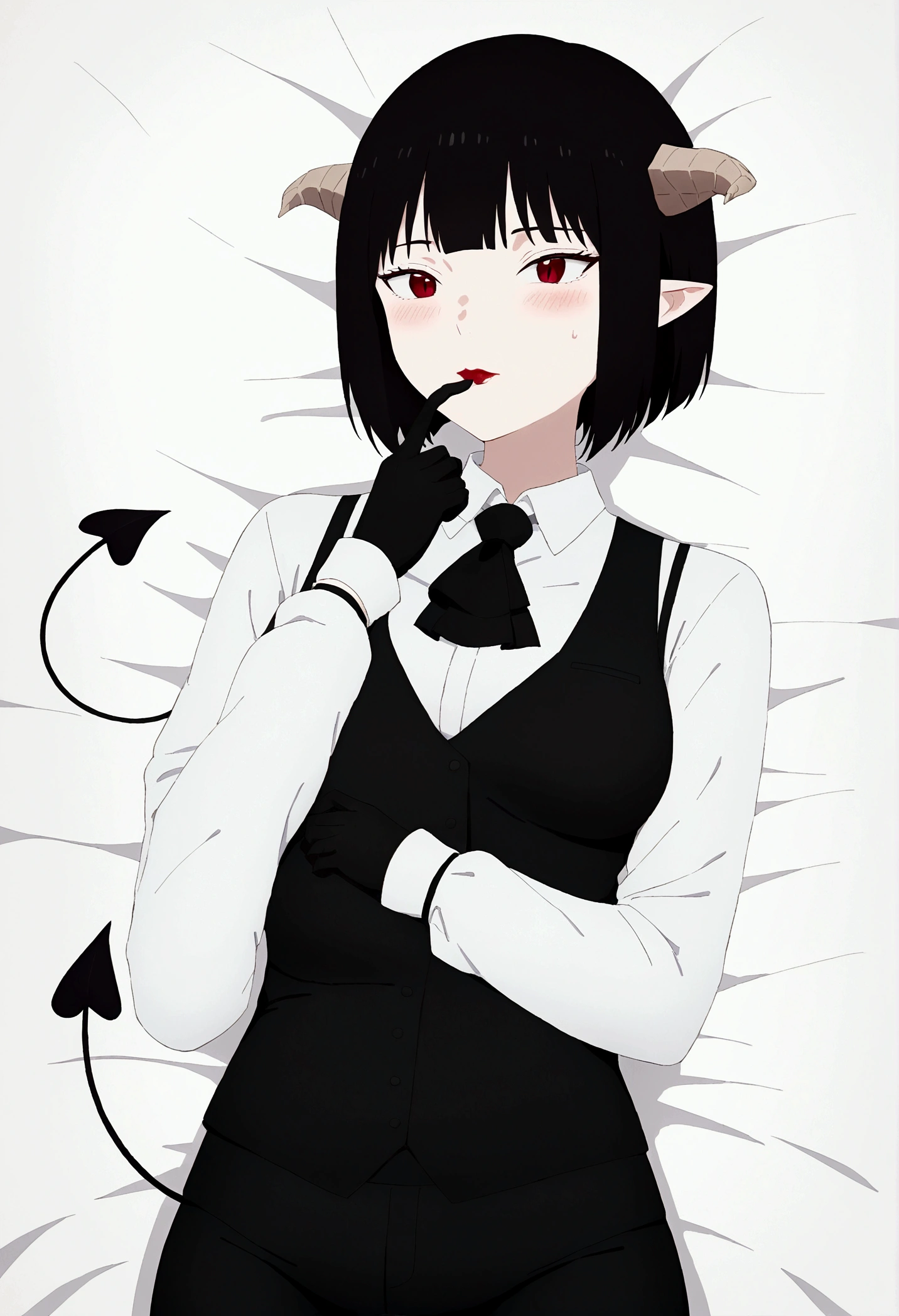 work of art, best qualityer, high resolution, 1girl horns short hair demon tail, white shirt black ascot black gloves black pants black vest lying on your back, sheet, ,blushed,face red,finger her mouth,finger our lips
