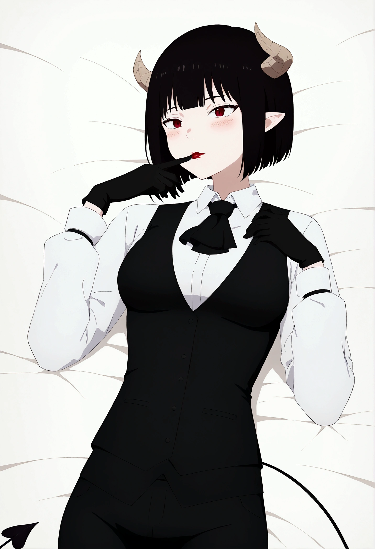 work of art, best qualityer, high resolution, 1girl horns short hair demon tail, white shirt black ascot black gloves black pants black vest lying on your back, sheet, ,blushed,face red,finger her mouth,finger our lips