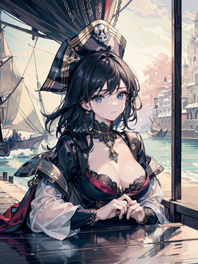 absurdres, RAW photo, extremely delicate and beautiful, masterpiece, Best Quality, ultra high resolution, 32k, hyperrealistic, ultra-detailed, delicate facial features, beautiful detailed woman, tearful mole, earring, medium breasts, full body shot, medium hair, black hair, pirate captain, intricate pirate clothing,