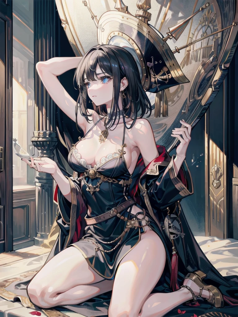 absurdres, RAW photo, extremely delicate and beautiful, masterpiece, Best Quality, ultra high resolution, 32k, hyperrealistic, ultra-detailed, delicate facial features, beautiful detailed woman, tearful mole, earring, medium breasts, full body shot, medium hair, black hair, pirate captain, intricate pirate clothing,