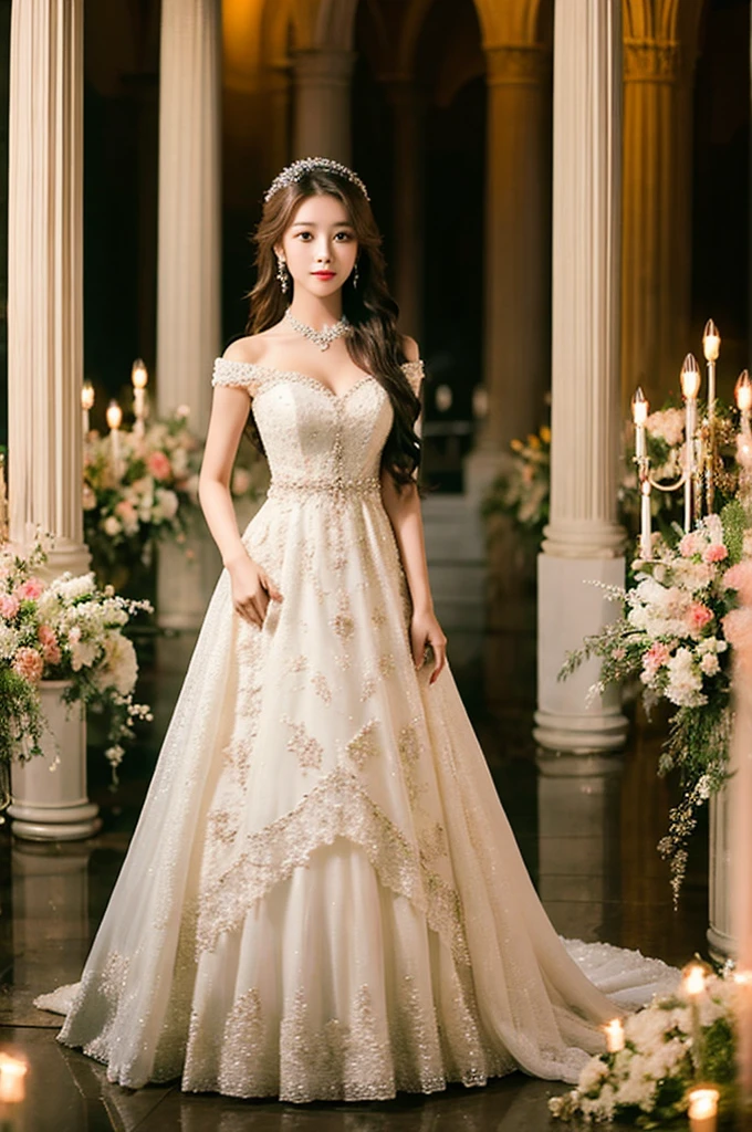 Generate an image of an extraordinarily beautiful 20-year-old Asian woman standing alone, whose beauty rivals that of a goddess of the fire element. She has large brown eyes, dark brown hair, glowing skin, and a captivating appearance. She is wearing a stunning white wedding dress that accentuates her elegance. The woman stands charmingly alone, her beauty appearing as if blessed by nature, in a very romantic and lovely aisle adorned with flowers and soft lighting, exuding a magical and serene atmosphere.