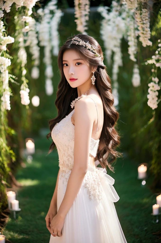 Generate an image of an extraordinarily beautiful 20-year-old Asian woman standing alone, whose beauty rivals that of a goddess of the fire element. She has large brown eyes, dark brown hair, glowing skin, and a captivating appearance. She is wearing a stunning white wedding dress that accentuates her elegance. The woman stands charmingly alone, her beauty appearing as if blessed by nature, in a very romantic and lovely aisle adorned with flowers and soft lighting, exuding a magical and serene atmosphere.