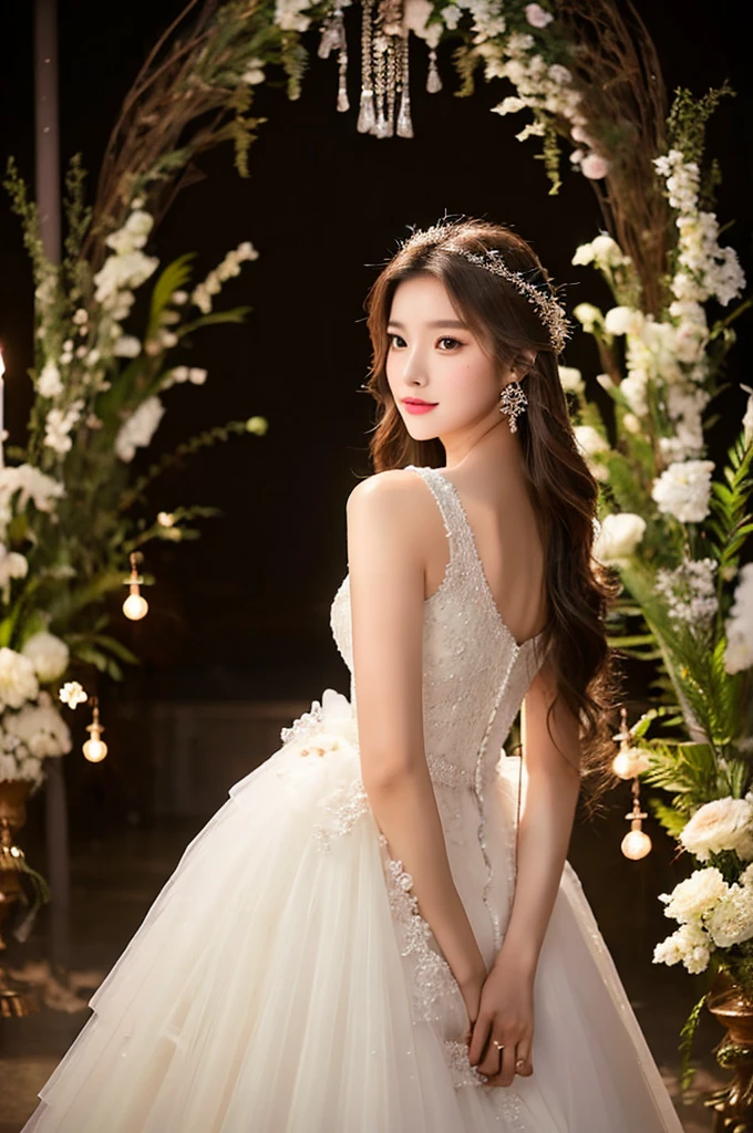 Generate an image of an extraordinarily beautiful 20-year-old Asian woman standing alone, whose beauty rivals that of a goddess of the fire element. She has large brown eyes, dark brown hair, glowing skin, and a captivating appearance. She is wearing a stunning white wedding dress that accentuates her elegance. The woman stands charmingly alone, her beauty appearing as if blessed by nature, in a very romantic and lovely aisle adorned with flowers and soft lighting, exuding a magical and serene atmosphere.