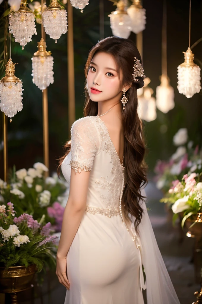 Generate an image of an extraordinarily beautiful 20-year-old Asian woman standing alone, whose beauty rivals that of a goddess of the fire element. She has large brown eyes, dark brown hair, glowing skin, and a captivating appearance. She is wearing a stunning white wedding dress that accentuates her elegance. The woman stands charmingly alone, her beauty appearing as if blessed by nature, in a very romantic and lovely aisle adorned with flowers and soft lighting, exuding a magical and serene atmosphere.