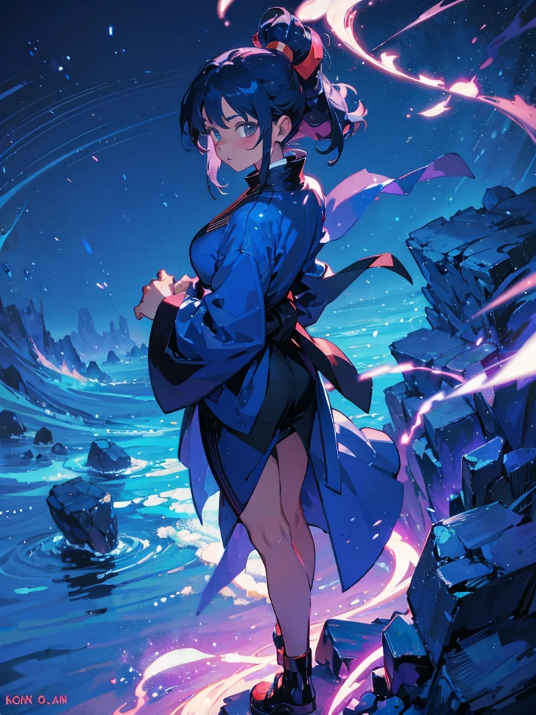 Konan de &#39;Naruto&#39;, showing your whole body. She must be in an elegant and determined pose, wearing the Akatsuki cloak with red clouds. Capture your blue locks styled into a bun with an origami flower attached, and your expressive amber eyes.Add details to your serious and confident expression, and include origami elements around it, like papers shaped like wings or petals floating in the air. The texture and folds of the papers must be visible, highlighting your unique skill.The background can be a gloomy scene or a desolate landscape, reinforcing the Akatsuki atmosphere. Use shadows and dramatic lighting to emphasize the details of the mantle, origami elements, and Konan&#39;s enigmatic presence