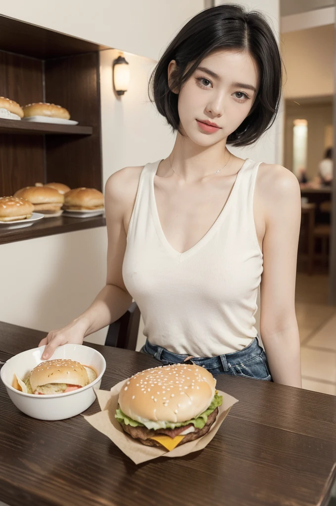 (((best quality))),(((ultra detailed))),(((masterpiece))),illustration,((1girl,solo)),(straight black bob hair:1.2),((slim,thin)),((small breasts,flat chest)),sitting,(in KFC:1.3), (burgers on the table:1.3),((white collared shirt, white strap tank top, white pants)), clean, fresh, bright face, sparkling eyes, rosy cheeks, beautiful smile, white teeth, neatly combed hair,soft hair,V-neck, collarbone, sexiness,visible, natural, carefree, high-waisted, slender waist, taller, bustling restaurant, other customers, enjoying meals, chatting, bright lighting, warm atmosphere, joy, relaxation, cute appearance, carefree attitude, visually appealing, heartwarming