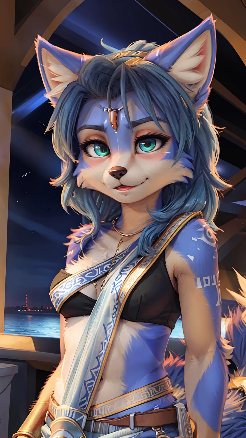 A beautiful and detailed (sweet portrait) wa ((Krystal)), Star Fox Krystal, sslim, lovable, green eyes, medium breasts, (((Long blue hair 1.3))), Decollete, anthro, furry, Uploaded E621, detailed fluffy fur, (wa Fluff-Kevlar, Bayard Wu, personalize me, Pino Daeni), detailed face, (fluffy), 1 girl, alone, sweet girl,