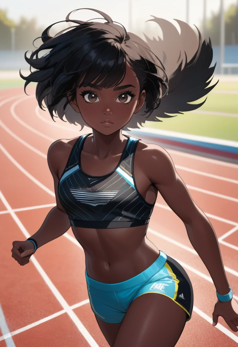 (Masterpiece, Best Quality, extremely detailed, 1 girl, Alone), Athlete girl dressed in top and sports shorts in running position getting ready to run, black skin, short hair, black fur, Slim and toned body, the background is an athletics track