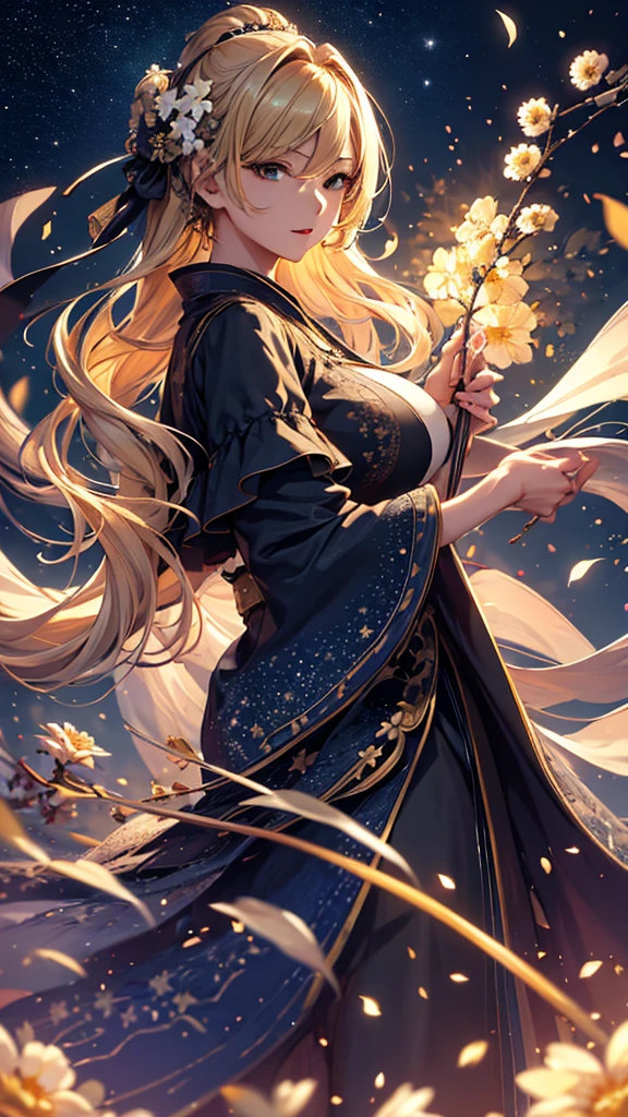 anime style, flower garden, sunlight, beautiful sunny day...
we see a full naked woman of about 25 years old, fair skin, big straight blonde hair, her slim body totally naked shows very small breasts with hard nipples, hairy pubic, smooth legs, she walks through the fields collecting flowers, add tiny insects to the scene little ones flying in the field