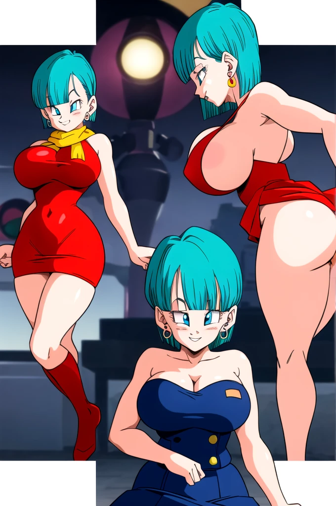 masterpiece, 1080i quality, highest quality, (perfect illumination), perfect anatomy, perfect face, perfect eyes, 
 bulmadbzreddress, aqua hair, short hair,  blue eyes, earrings, red dress, yellow scarf, black watch, skirt from behind, grinning, 1girl, alone, big breast, big ass, sexy anatomy, sexy body,